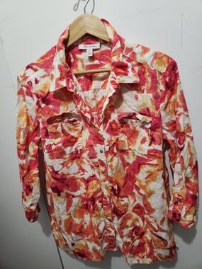 Linen Button-Up Shirt in Coral, Mustard & White